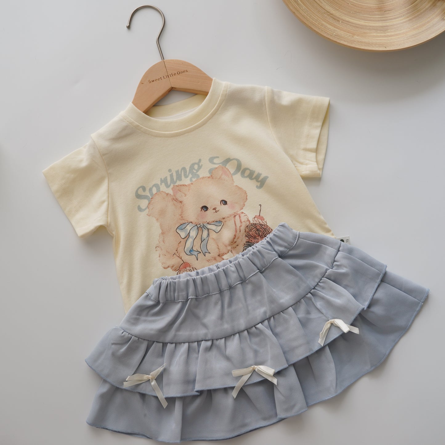 Kitten Ribbon Top & Baby Blue Layer Skirt Set