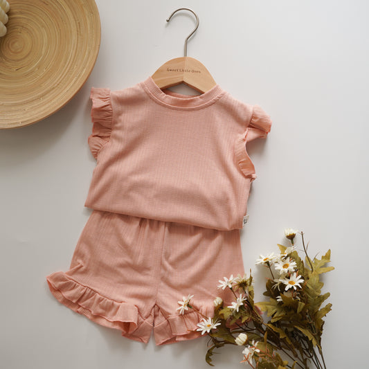 Plain Daily Ruffled Two Pieces Set (Pink Size 120)