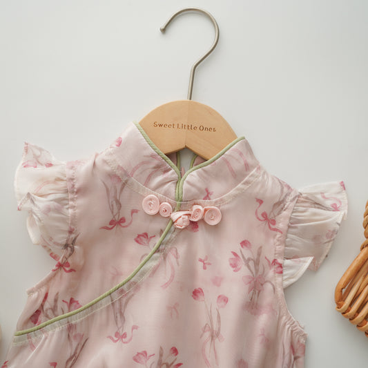 Ruffled Sleeves Silky Pink Cheongsam