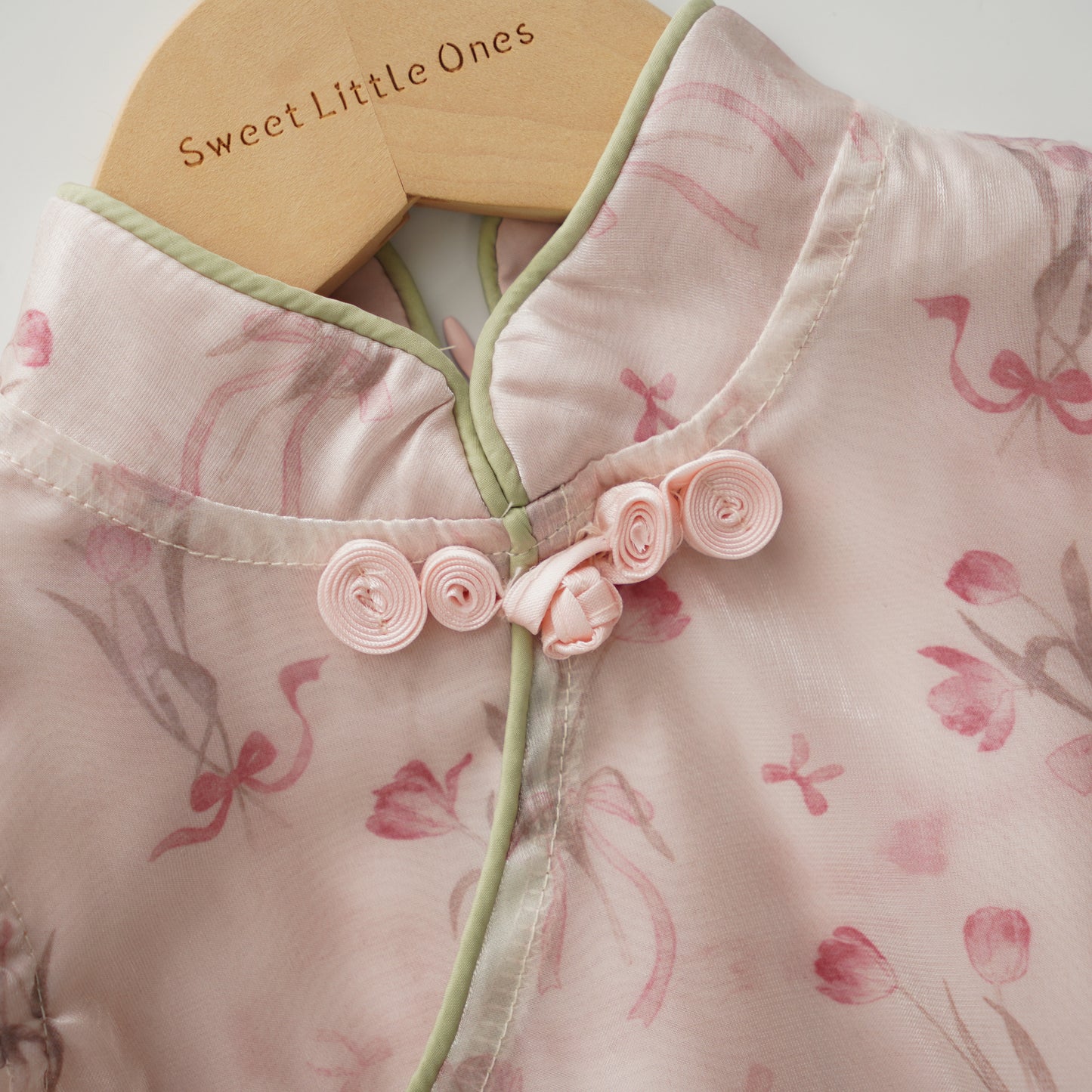 Ruffled Sleeves Silky Pink Cheongsam