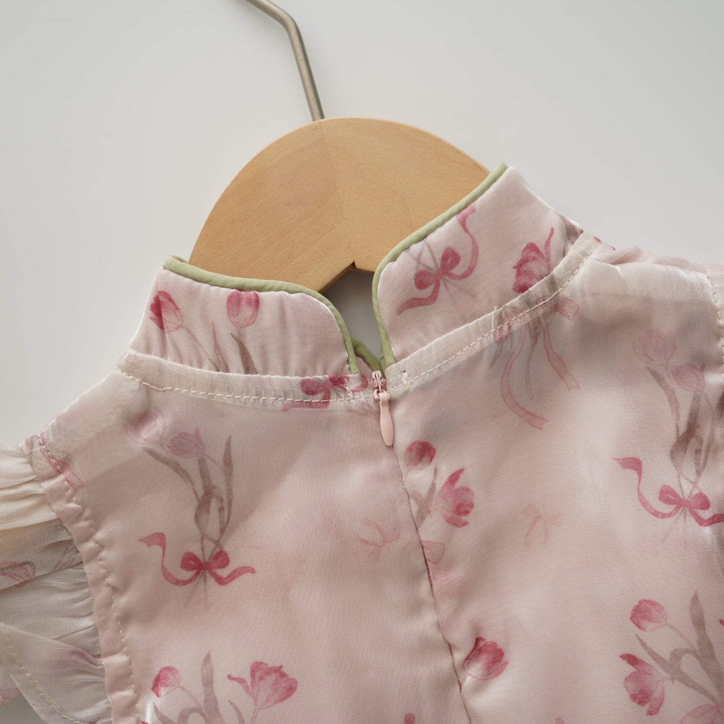 Ruffled Sleeves Silky Pink Cheongsam