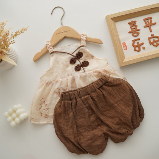 Modern Cheongsam Two Pieces Sets in Brown