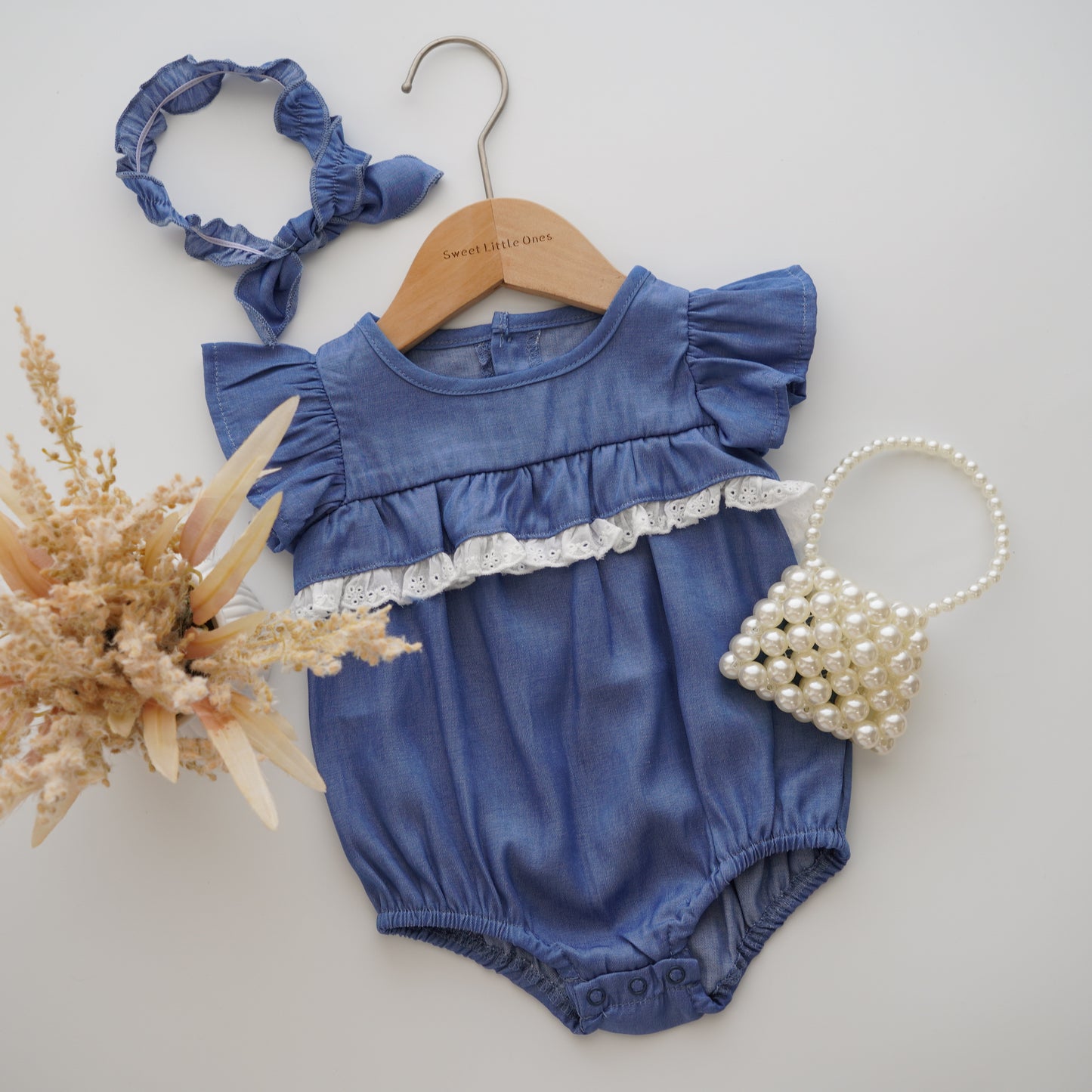 Ruffled Sleeves Denim Romper with Hairband