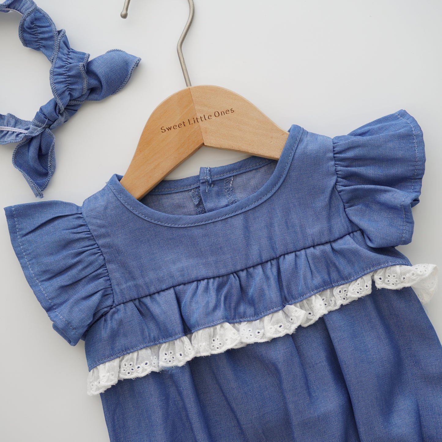 Ruffled Sleeves Denim Romper with Hairband