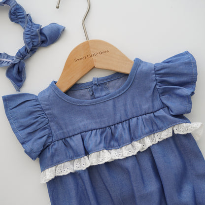 Ruffled Sleeves Denim Romper with Hairband