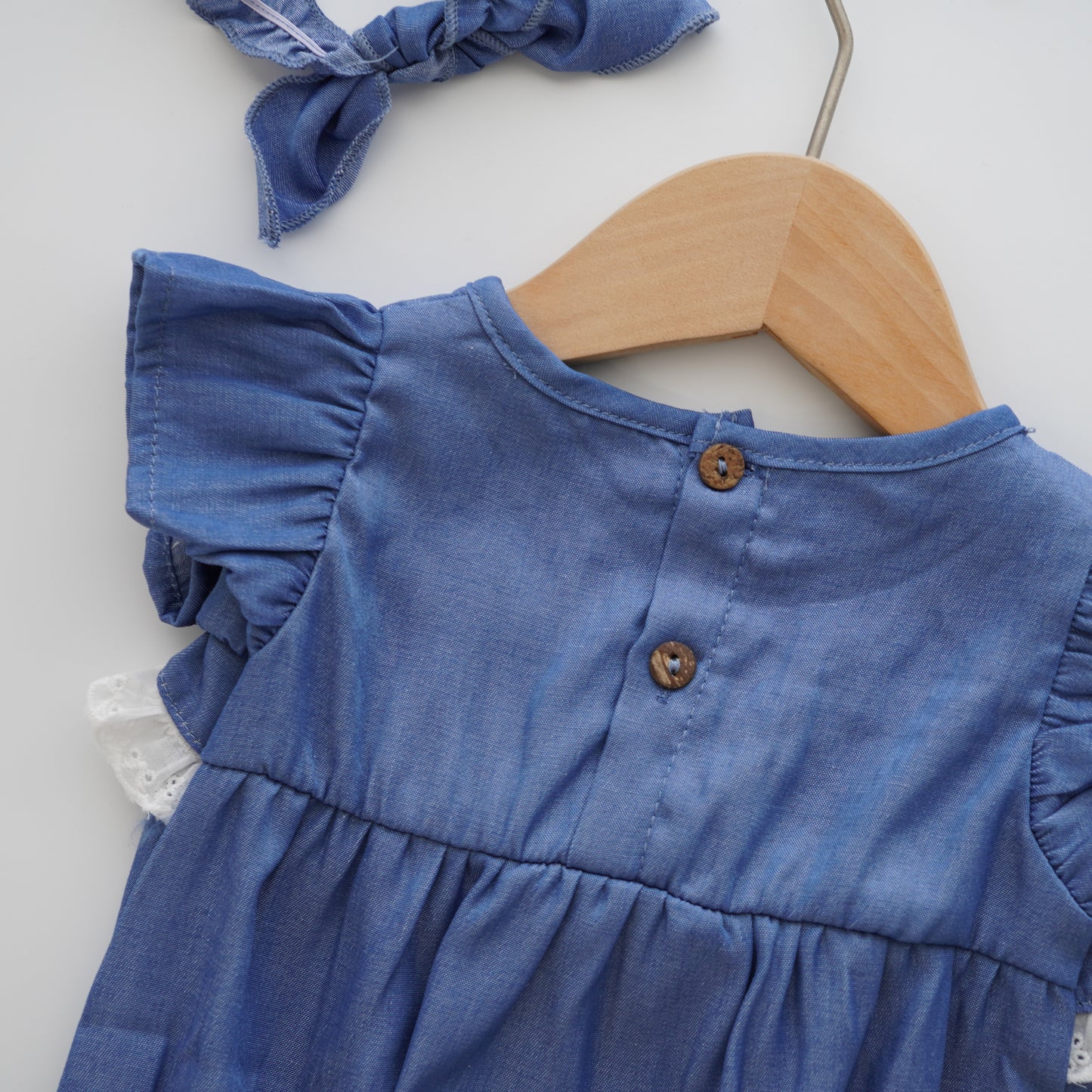 Ruffled Sleeves Denim Romper with Hairband