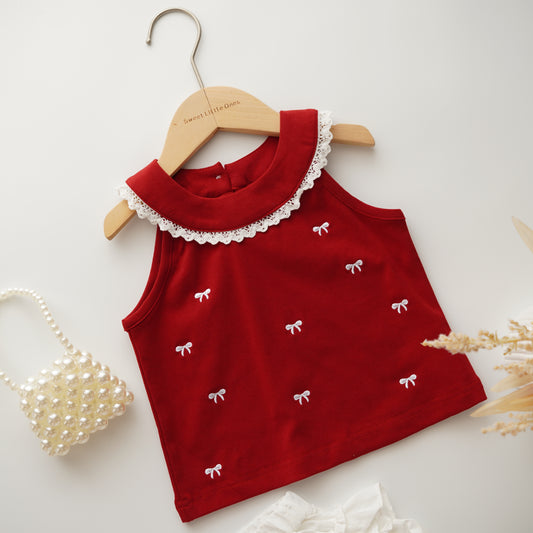 Ribbon Details Red Top & Layered Pants Set