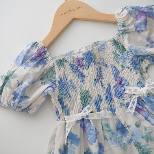 Blue Painted Puff Sleeves Dress