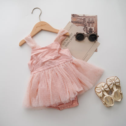 Mesh Self Tie Ribbon Romper (White Size 80&90, Pink Size 73&90)