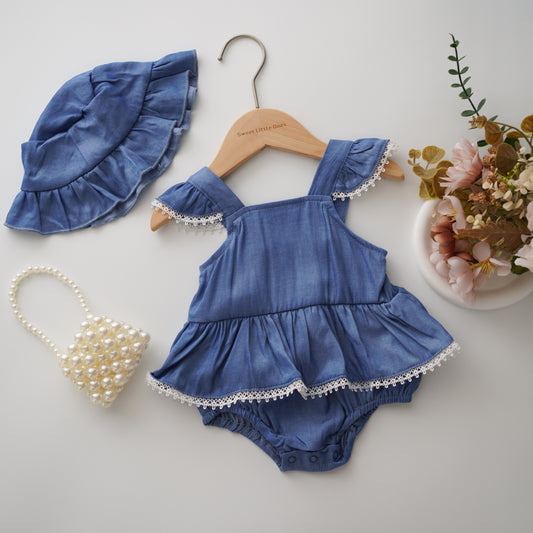 Denim Casual Girl Romper with Hat