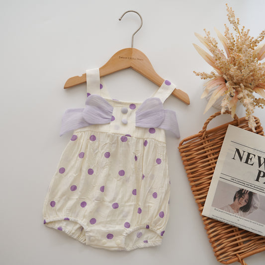 Polka Dot Ribbon Romper in Purple