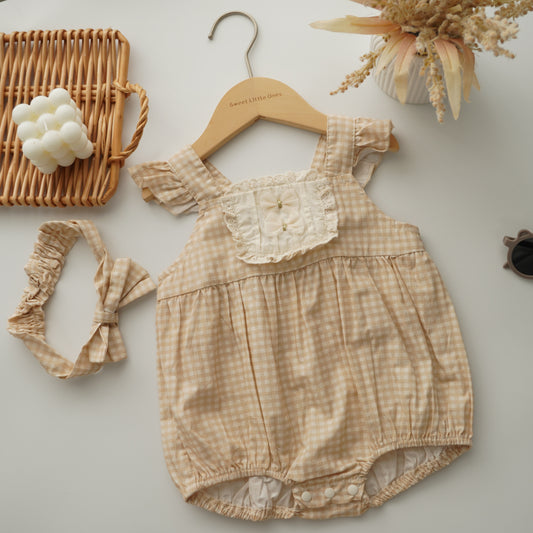 Checkered Ruffled Baby Romper with Hairband
