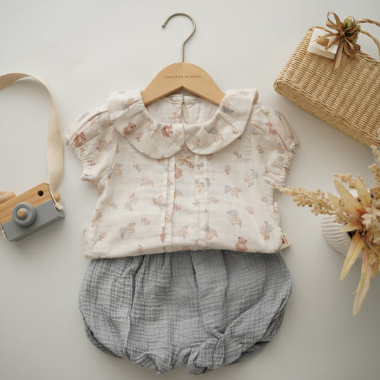 Cotton Bear & Floral Blouse & Pants Set