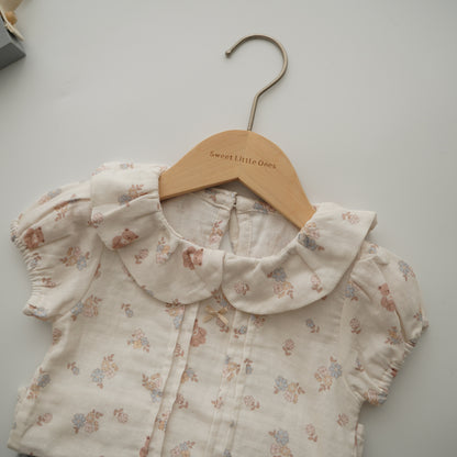 Cotton Bear & Floral Blouse & Pants Set