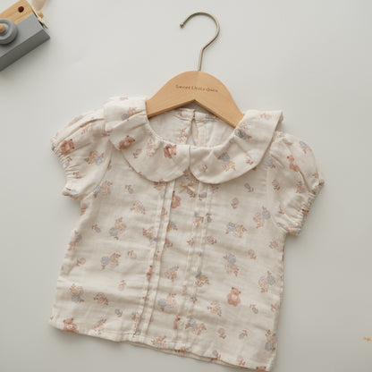 Cotton Bear & Floral Blouse & Pants Set
