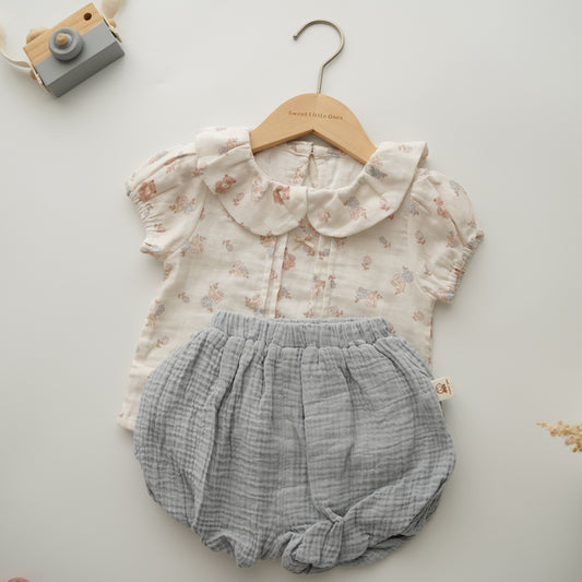Cotton Bear & Floral Blouse & Pants Set