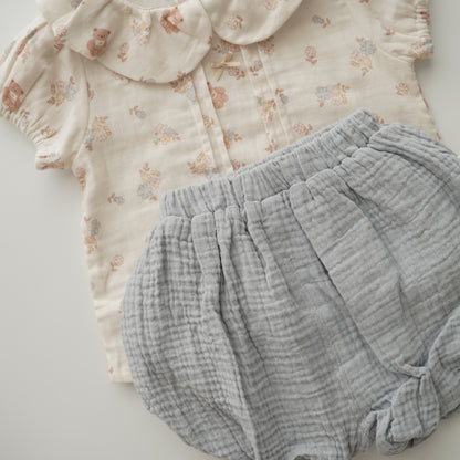 Cotton Bear & Floral Blouse & Pants Set