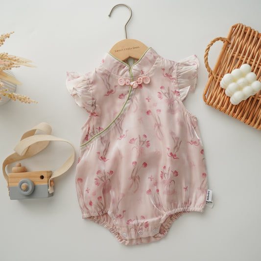 Ruffled Sleeves Silky Pink Cheongsam
