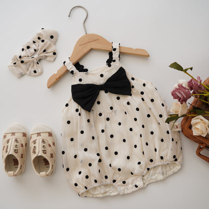 Polka Dot Ribbon Sleeveless Romper with Hairband