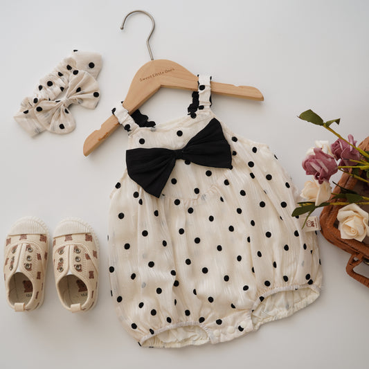 Polka Dot Ribbon Sleeveless Romper with Hairband