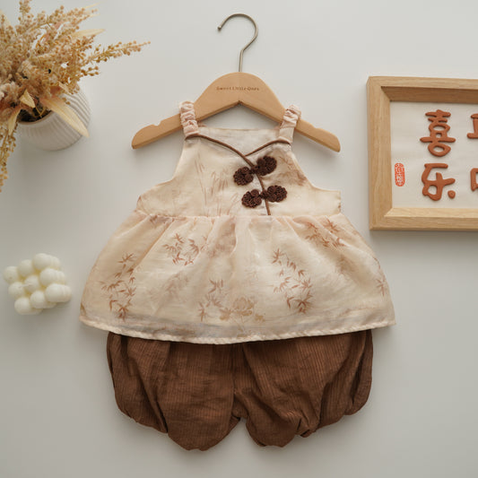 Modern Cheongsam Two Pieces Sets in Brown