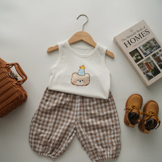 Birthday Bear Shirt with Checkered Pants Set