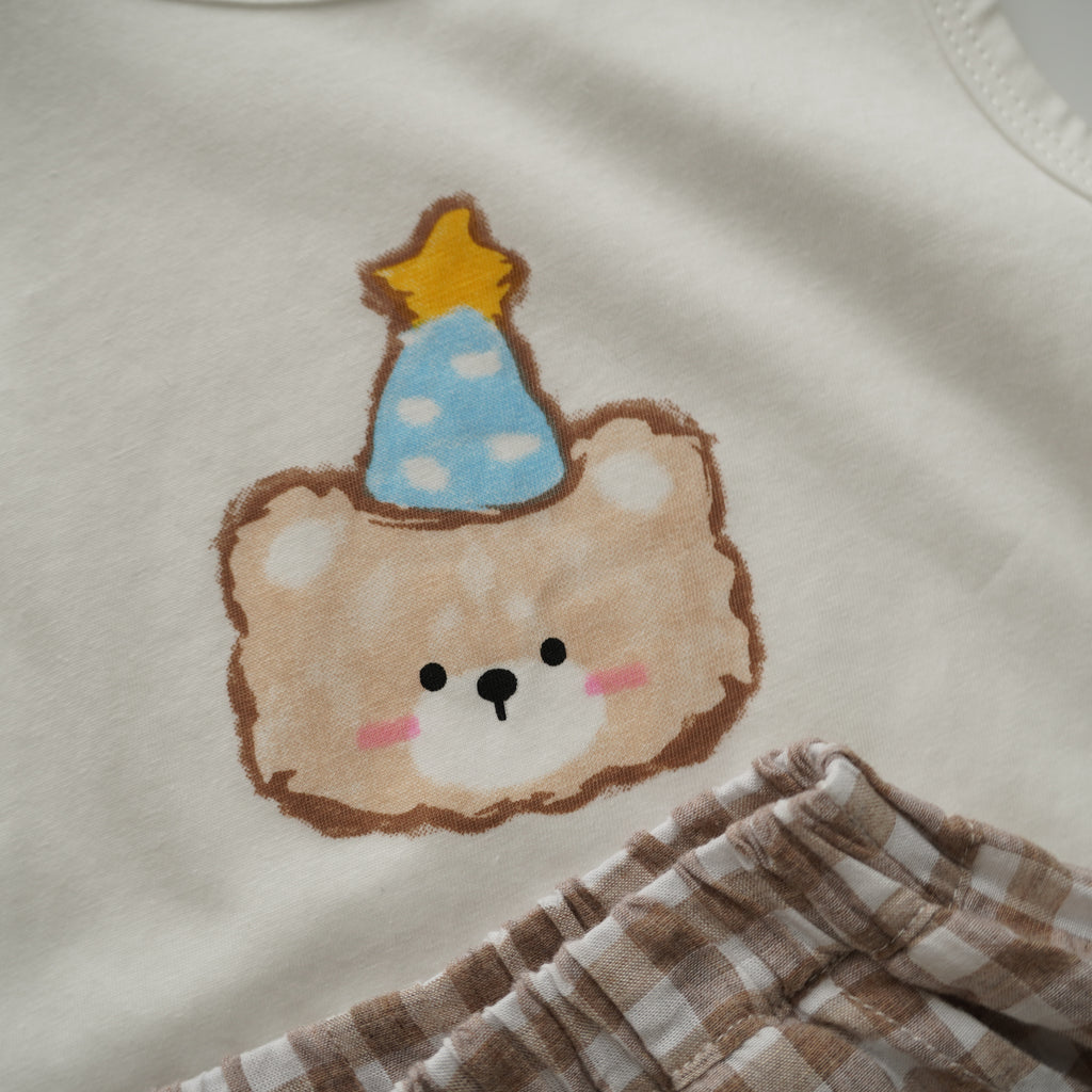 Birthday Bear Shirt with Checkered Pants Set (Size 73)