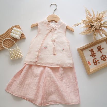 Sweetie Pink Sleeveless Chinese Pants Set
