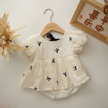 Puff Sleeves Ribbon Back Romper