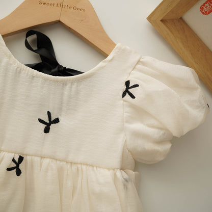 Puff Sleeves Ribbon Back Romper