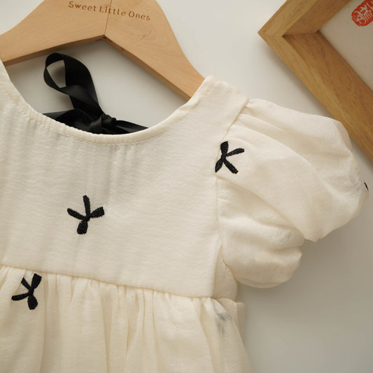 Puff Sleeves Ribbon Back Romper