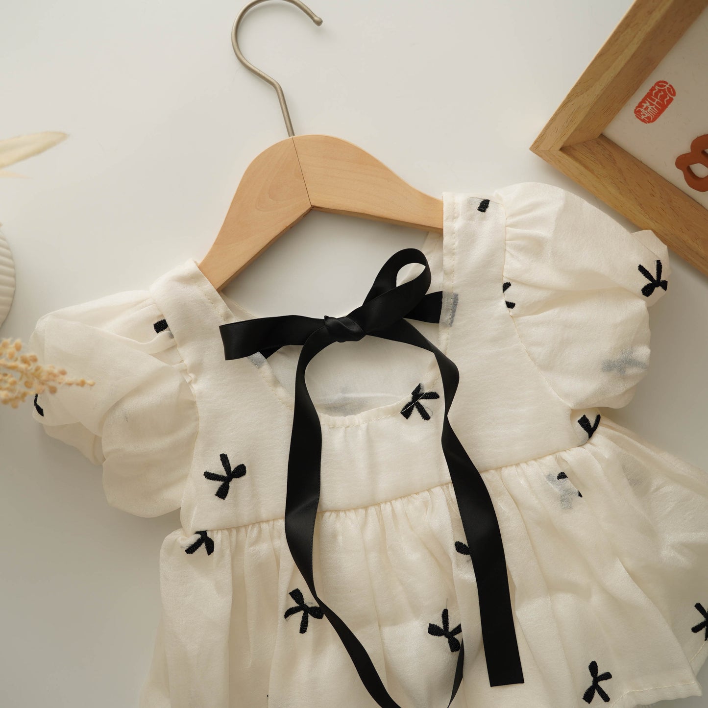 Puff Sleeves Ribbon Back Romper