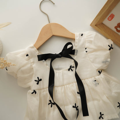 Puff Sleeves Ribbon Back Romper