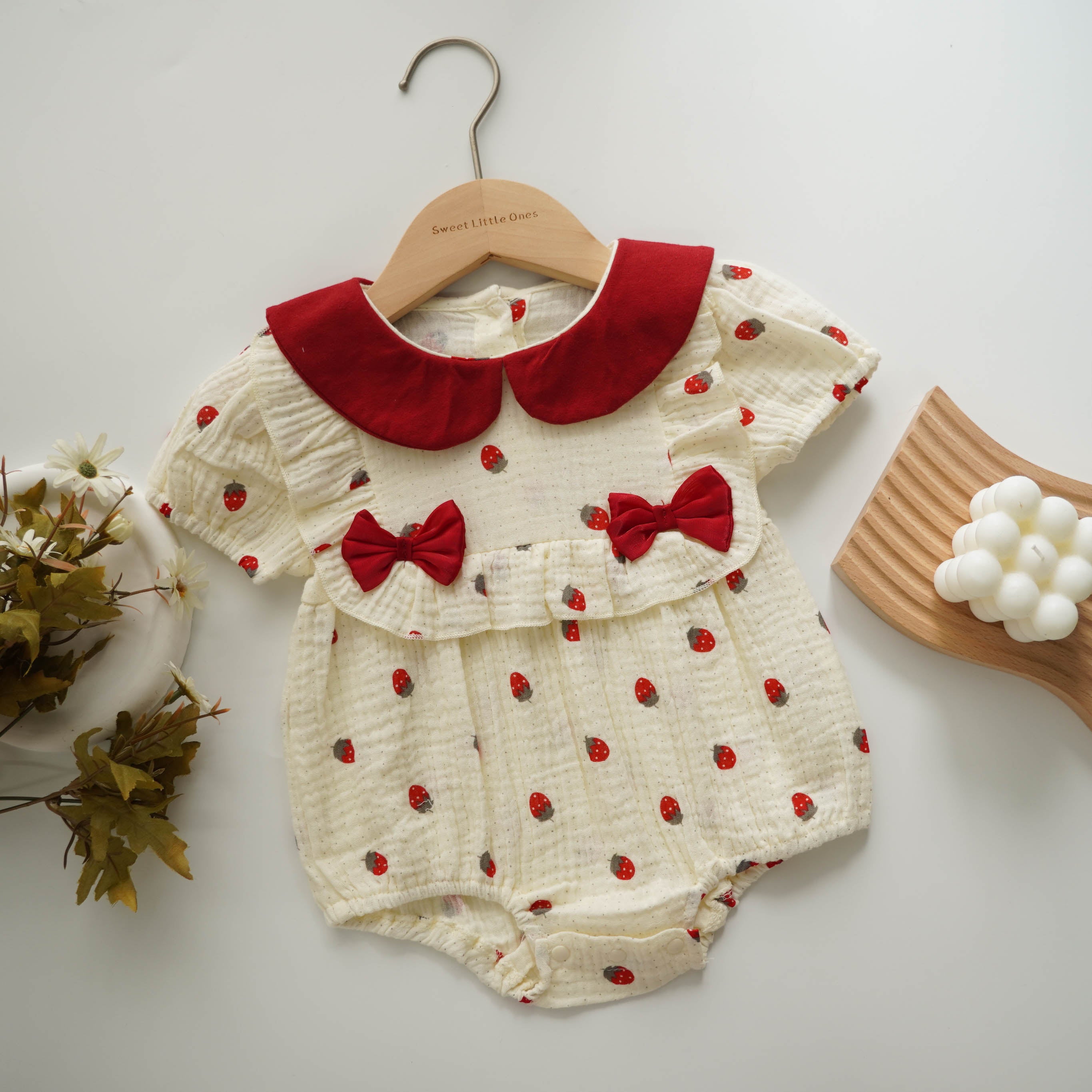 Cotton Dot Strawberry Ribbon Romper