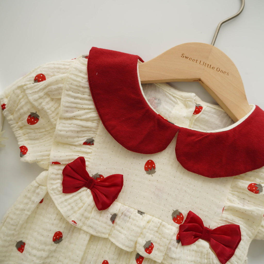 Cotton Dot Strawberry Ribbon Romper
