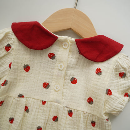 Cotton Dot Strawberry Ribbon Romper