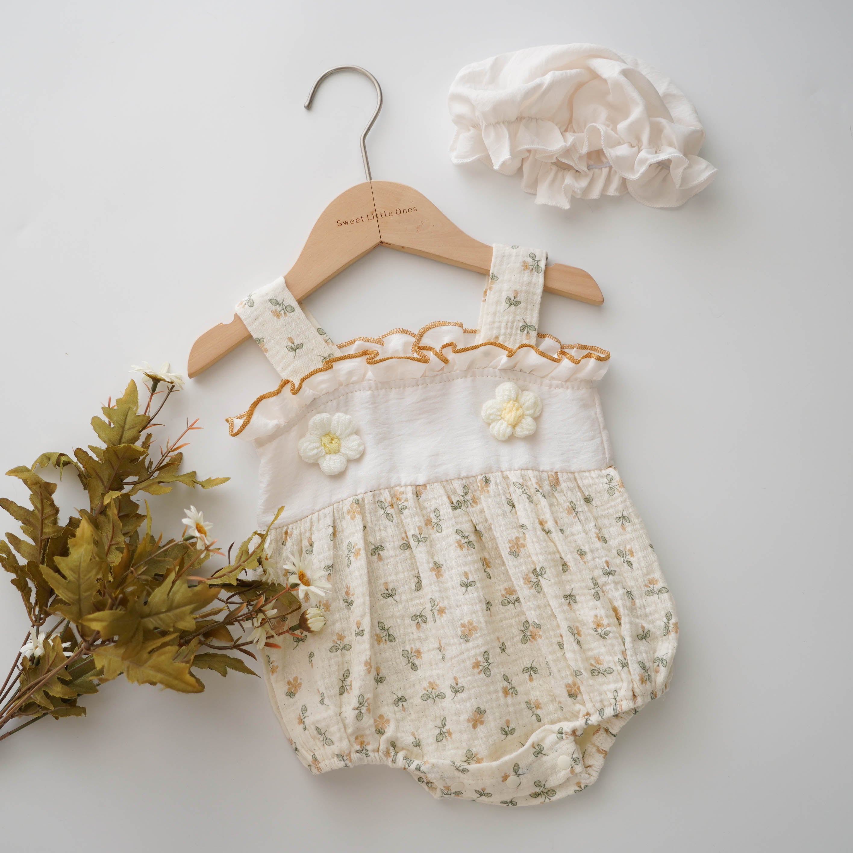 Yellow Flower Cotton Romper with Hat
