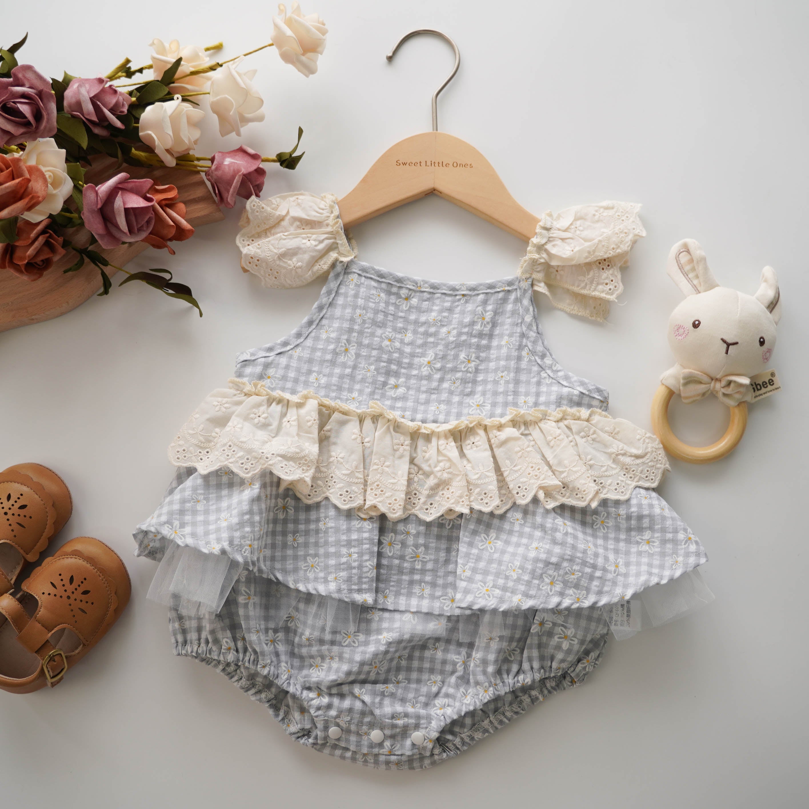 Checkered Ruffled Sleeves Romper