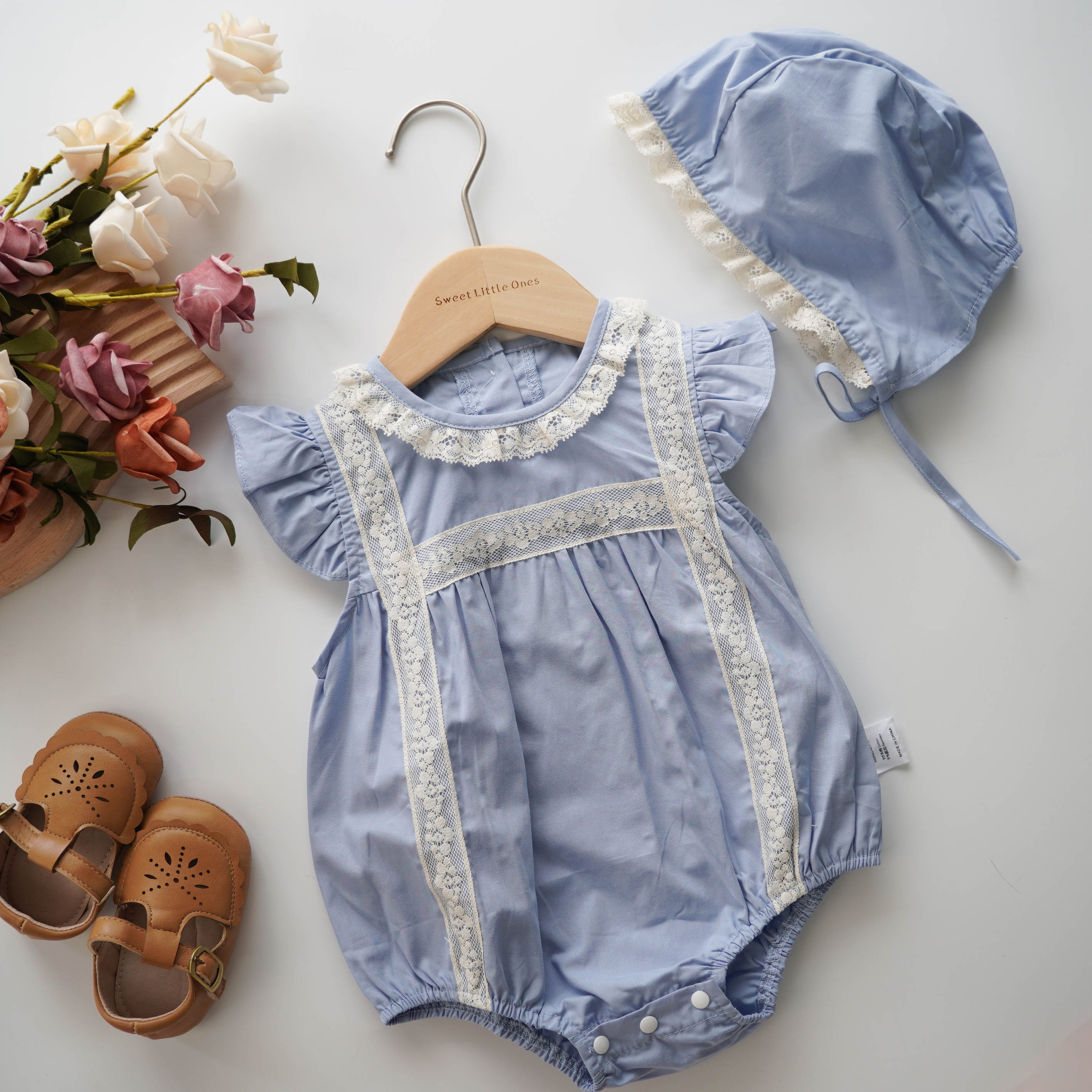 Ruffled Sleeves Baby Blue Romper with Hat