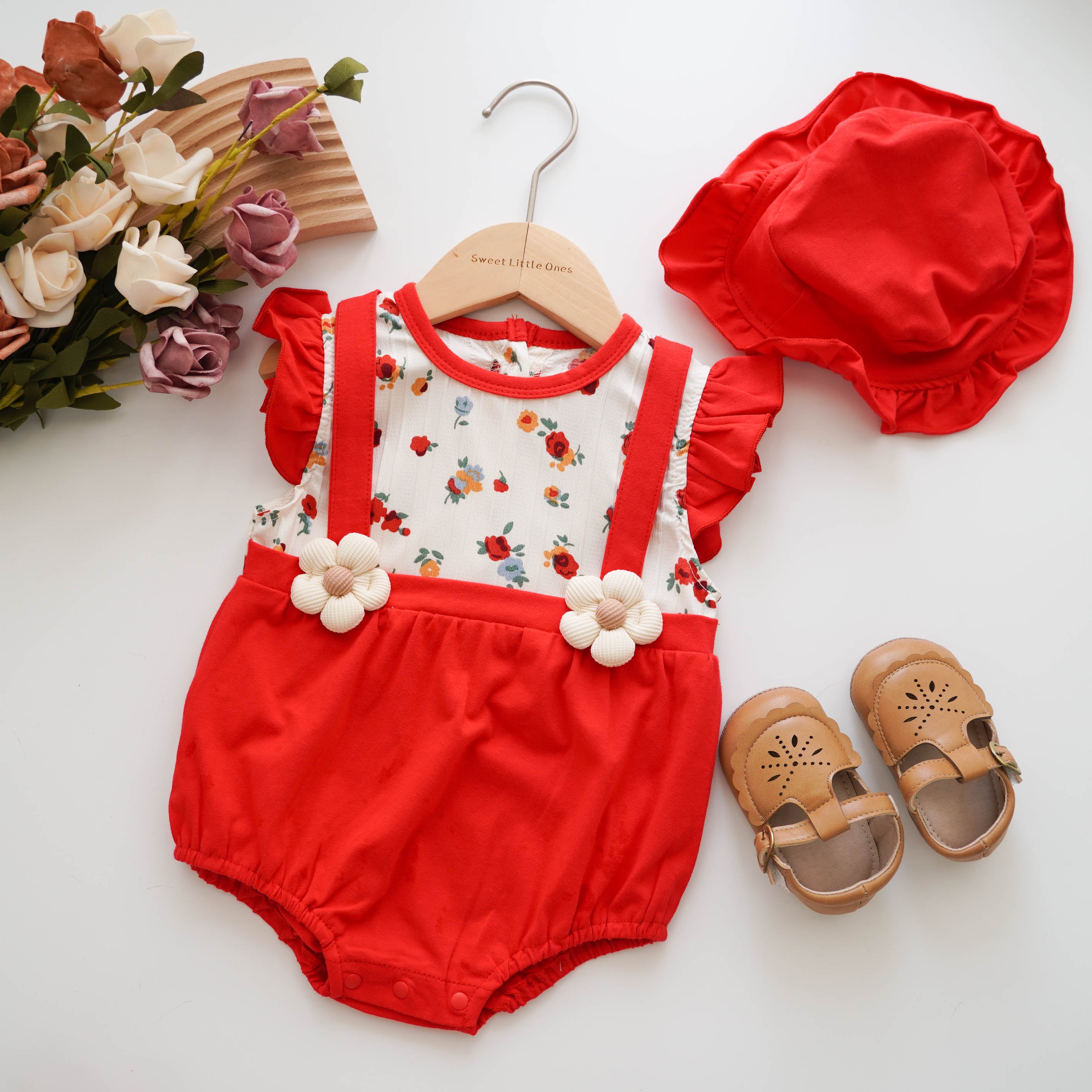 3D Flower Ruffled Romper with Hat