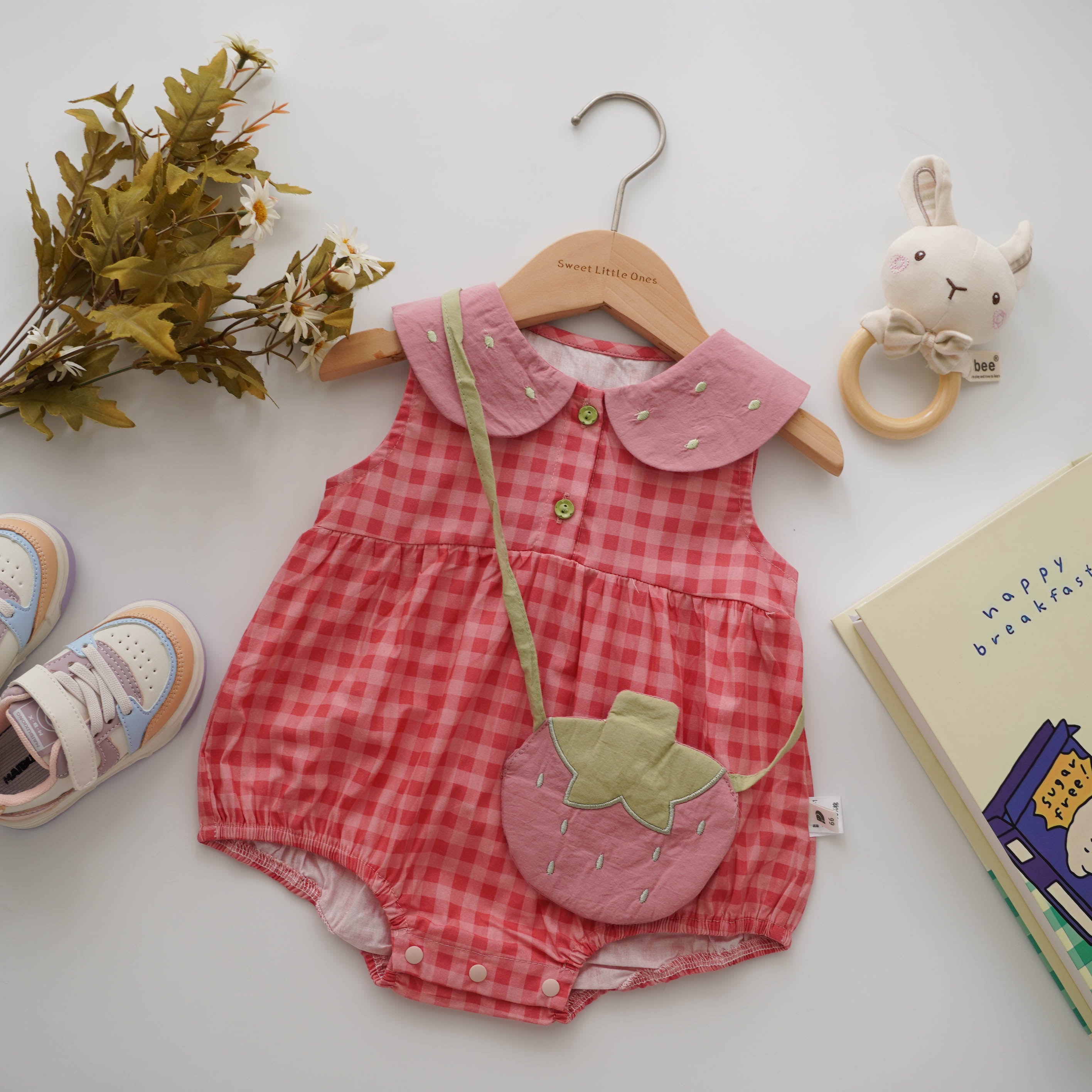 Checkered Baby Romper with Strawberry Bag