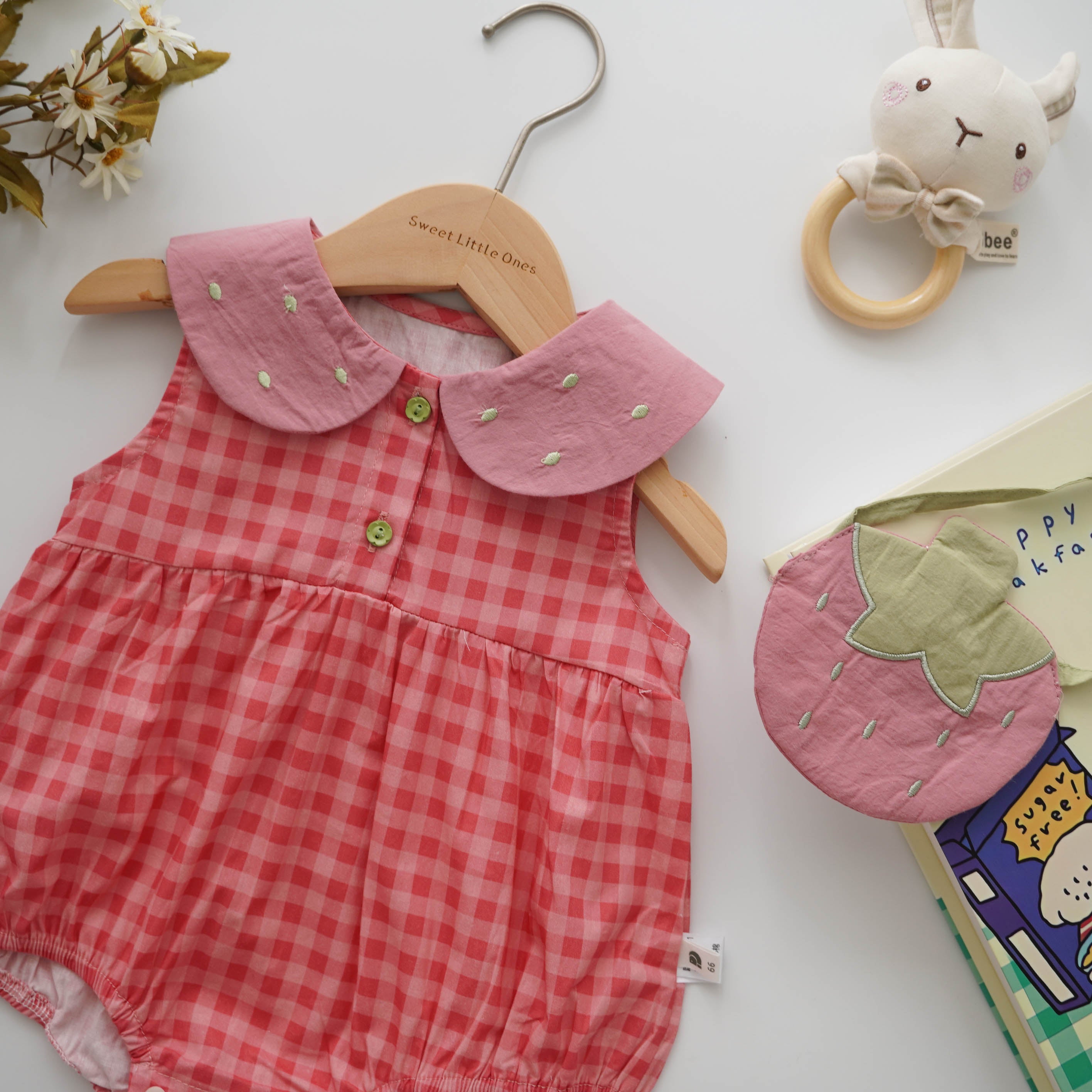 Checkered Baby Romper with Strawberry Bag