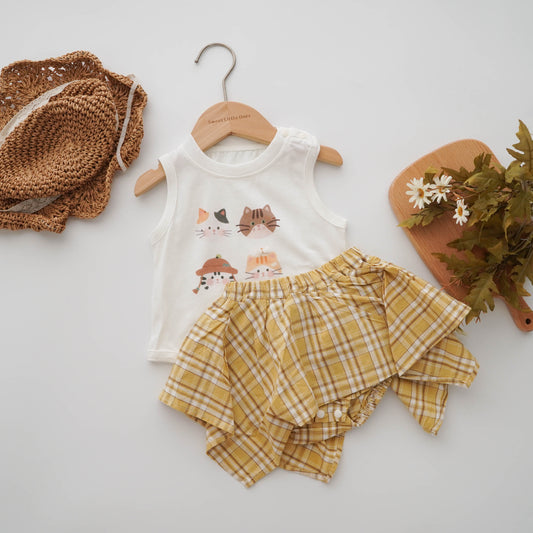 Kitten Printing Top & Checkered Romper Skirt Set