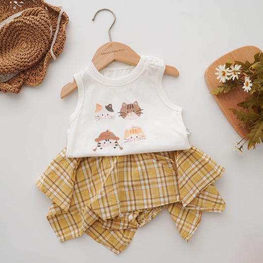 Kitten Printing Top & Checkered Romper Skirt Set
