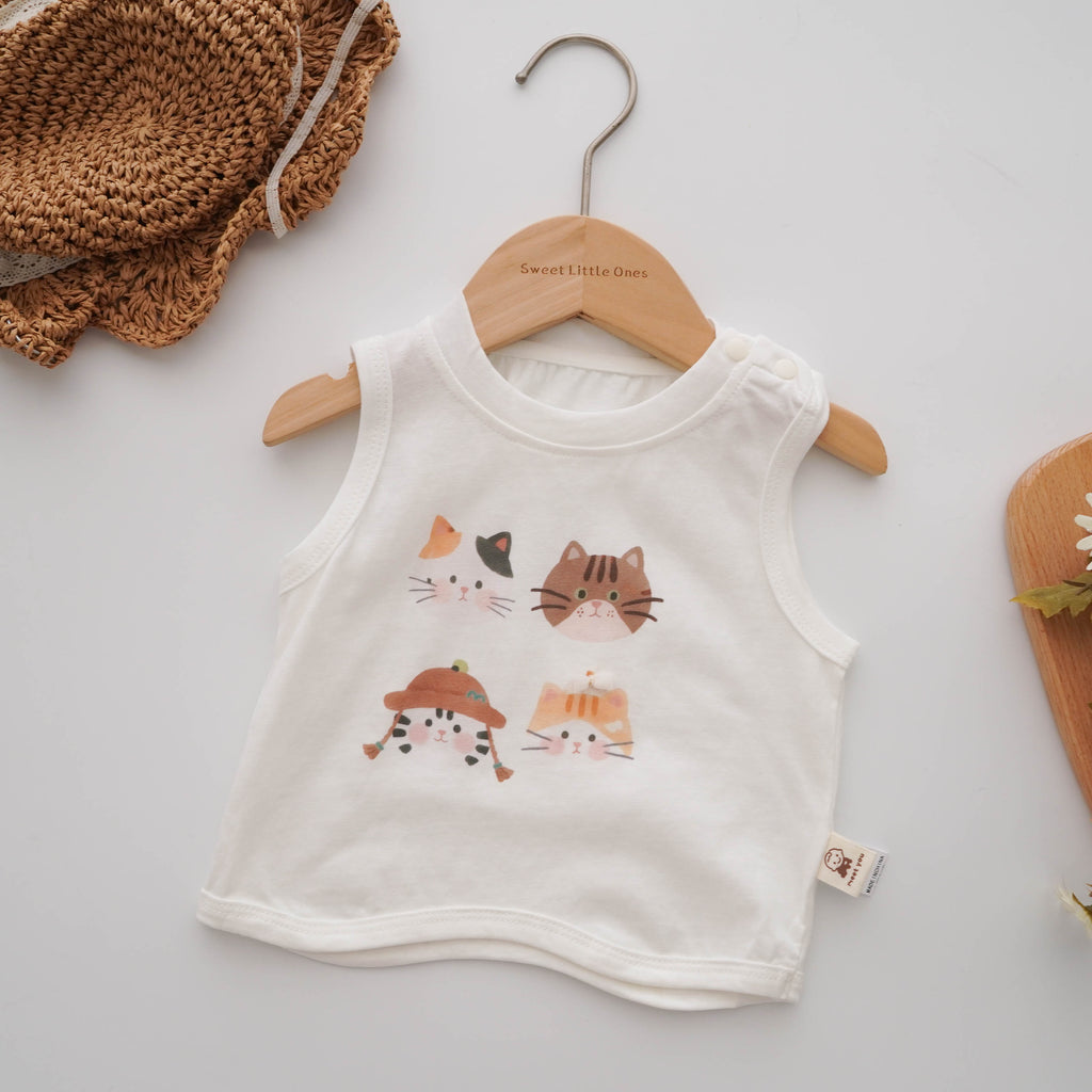 Kitten Printing Top & Checkered Romper Skirt Set