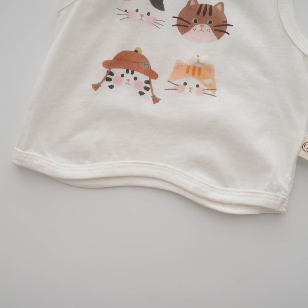 Kitten Printing Top & Checkered Romper Skirt Set