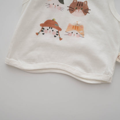 Kitten Printing Top & Checkered Romper Skirt Set