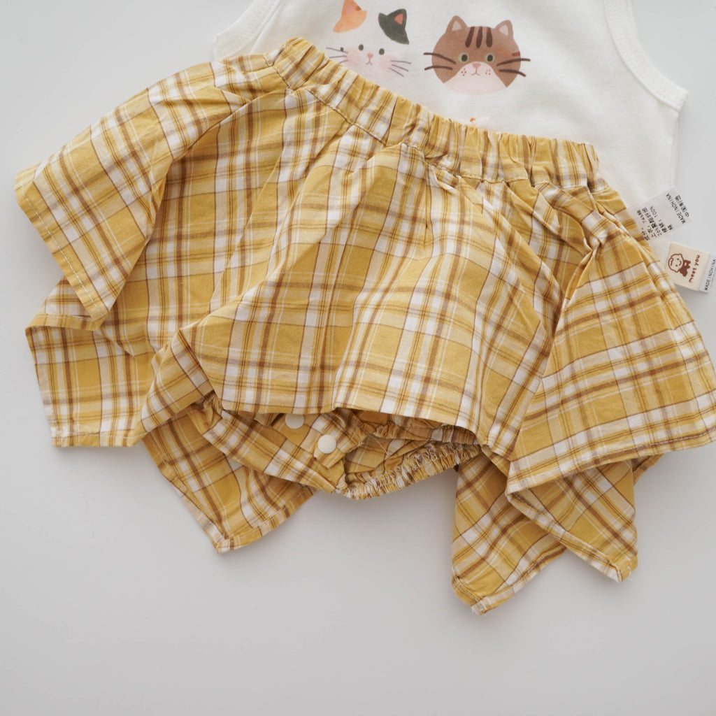 Kitten Printing Top & Checkered Romper Skirt Set