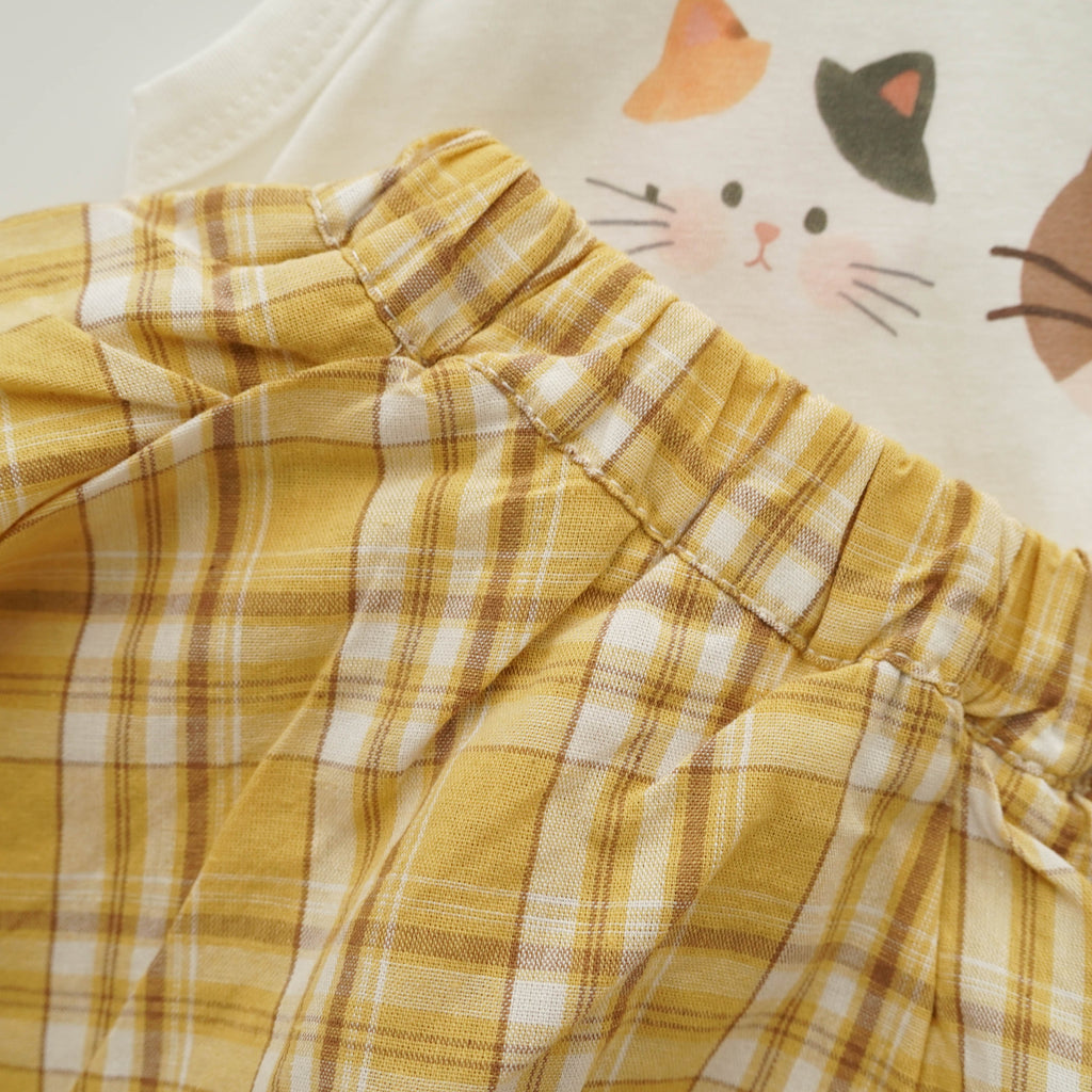 Kitten Printing Top & Checkered Romper Skirt Set