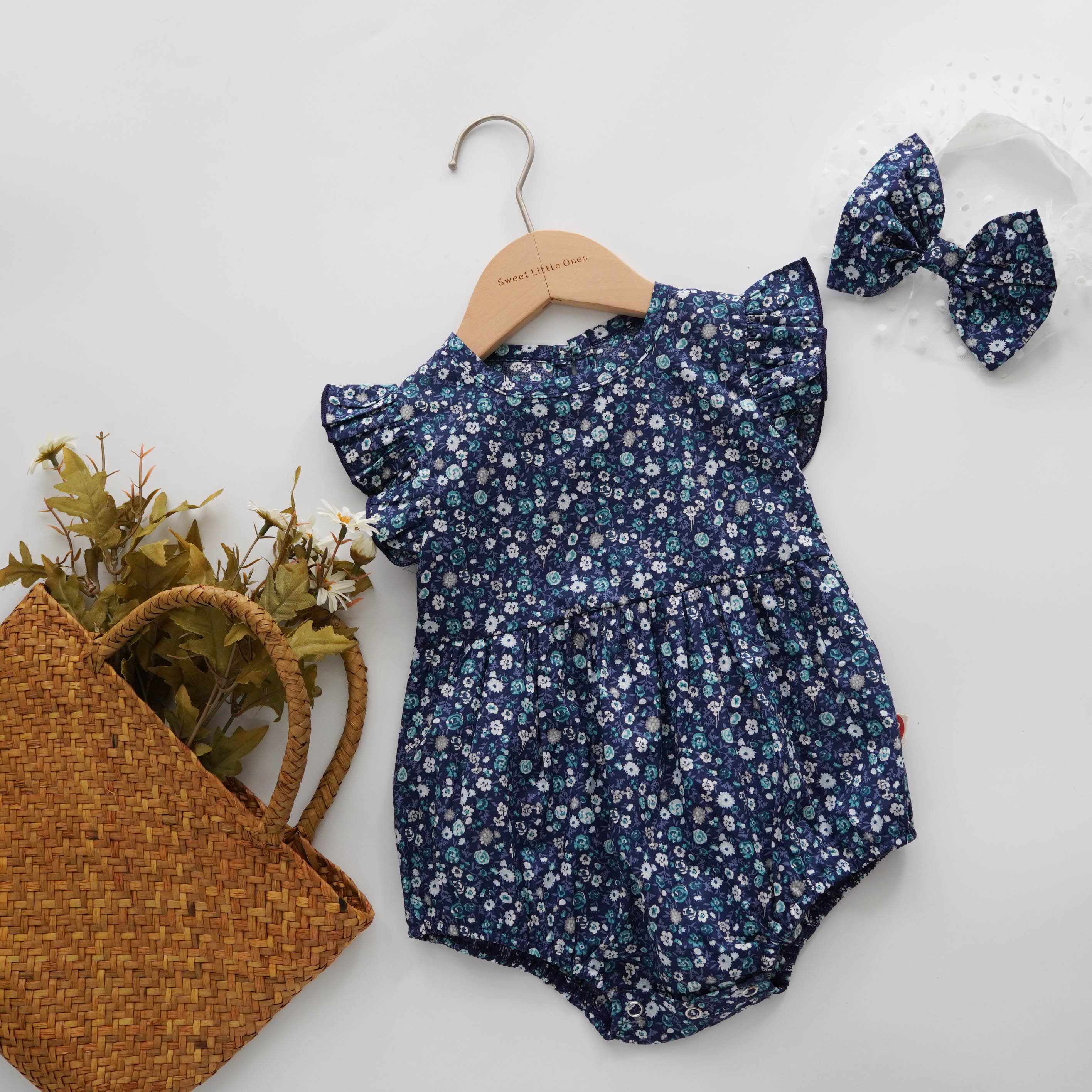 Floral Printing Blue Romper with Hairband